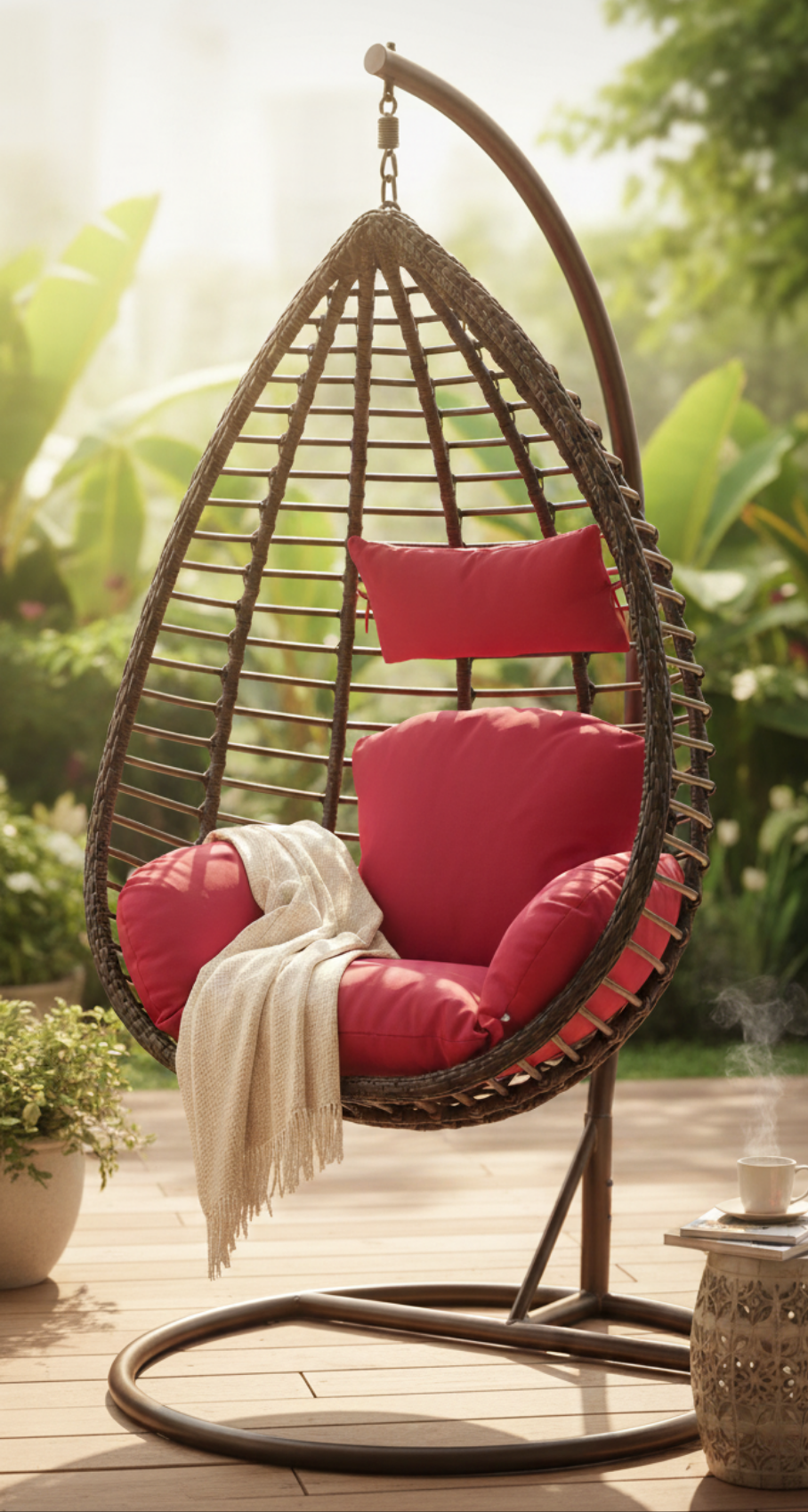 Swing chair with cushion and steel frame for indoor or outdoor relaxation
