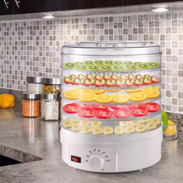 Electric food dehydrator with 5 stackable trays, adjustable temperature control and compact design for drying fruits, herbs, and jerky