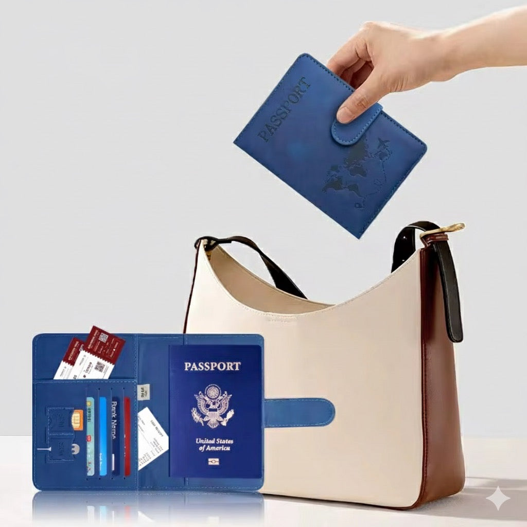 Slim, waterproof passport holder with RFID blocking, holding a passport and multiple credit cards, available in black, grey, pink, blue, brown and green