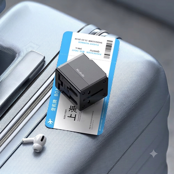 Black universal travel adapter with US, EU, UK, and AU plug compatibility, dual USB-A ports, and a compact fireproof PC body.