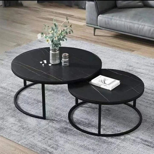 2-Piece Round Dark Grey Stone-Pattern Nesting Side Table Sett, dark grey stone-pattern top with black frame - available in Nairobi, Kenya