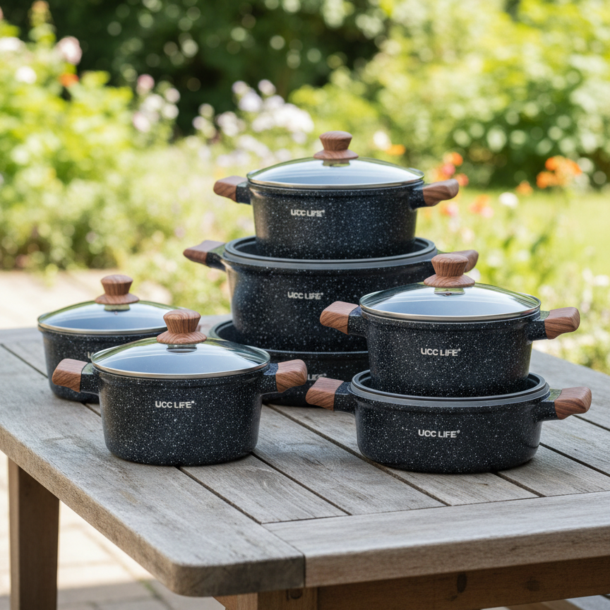 Black 12-piece nonstick cookware set made with German technology