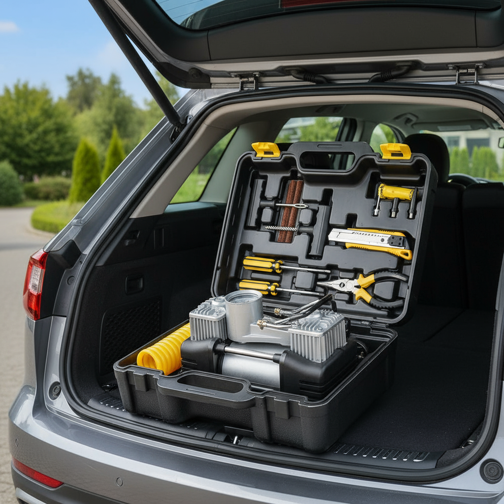 Gemelli Collections Car Air Compressor with complete tool kit for tire inflation and roadside emergency repairs