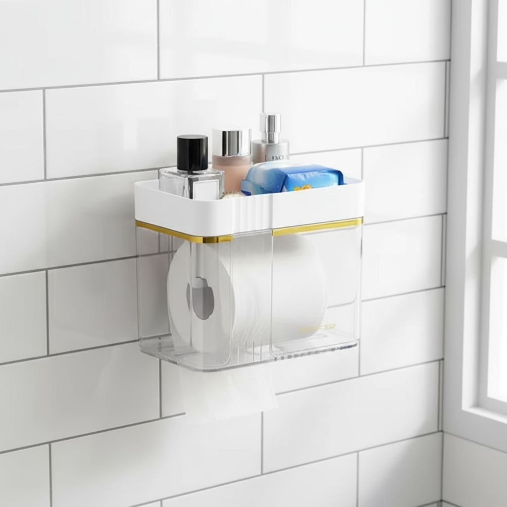 Wall-mounted tissue holder with self-adhesive backing for easy, drill-free installation