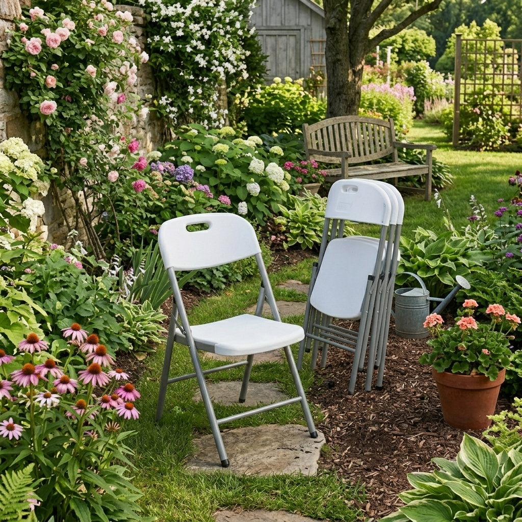 Moulded foldable plastic chair with a durable metal frame, lightweight design, and folding mechanism for indoor and outdoor seating.