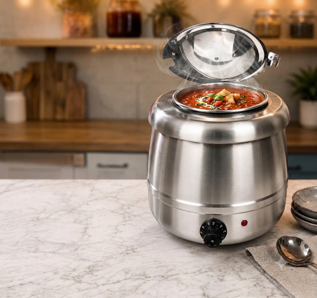 10-litre electric soup warmer with adjustable temperature control, durable construction, and food warming function for home and commercial use.