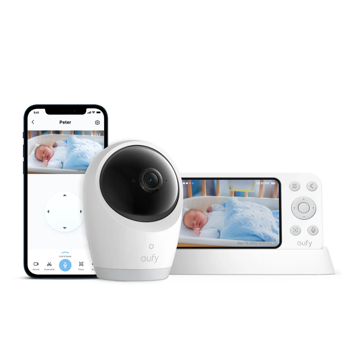 eufy Baby Monitor E21 White – 2K Camera with Parent Display, Night Vision & AI Cry Detection