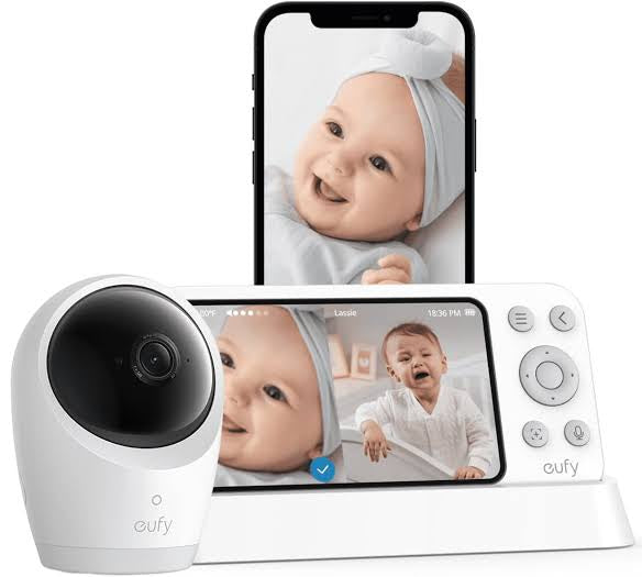 White eufy Baby Monitor E21 with 2K camera, portable parent display, infrared night vision, AI cry detection, remote pan and tilt, and secure private wireless monitoring.