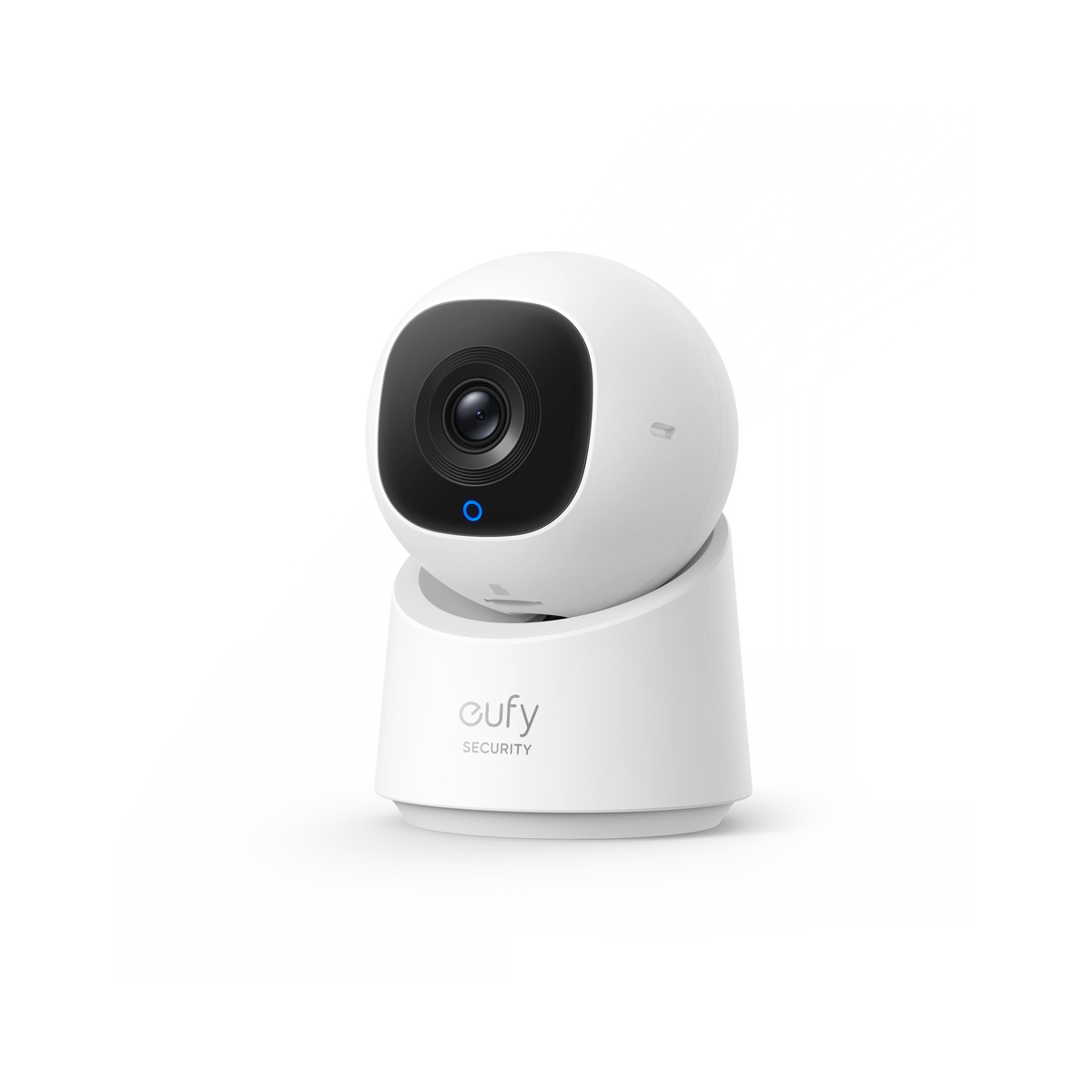 White eufy Security Indoor Cam C220 with 2K resolution, 360-degree pan and tilt, AI human detection, wired design, and local microSD storage for indoor security monitoring.