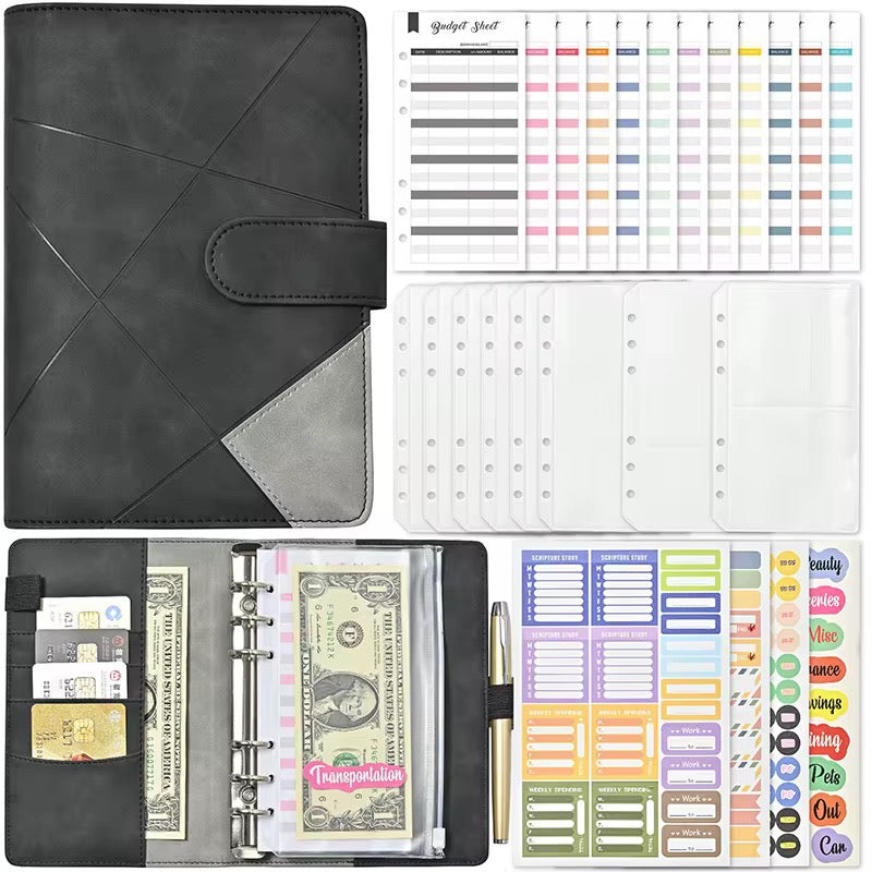 A6 Budget Planner Notebook with PU leather cover, daily expense sheets, labeled categories, and zipper pockets for organized finance tracking