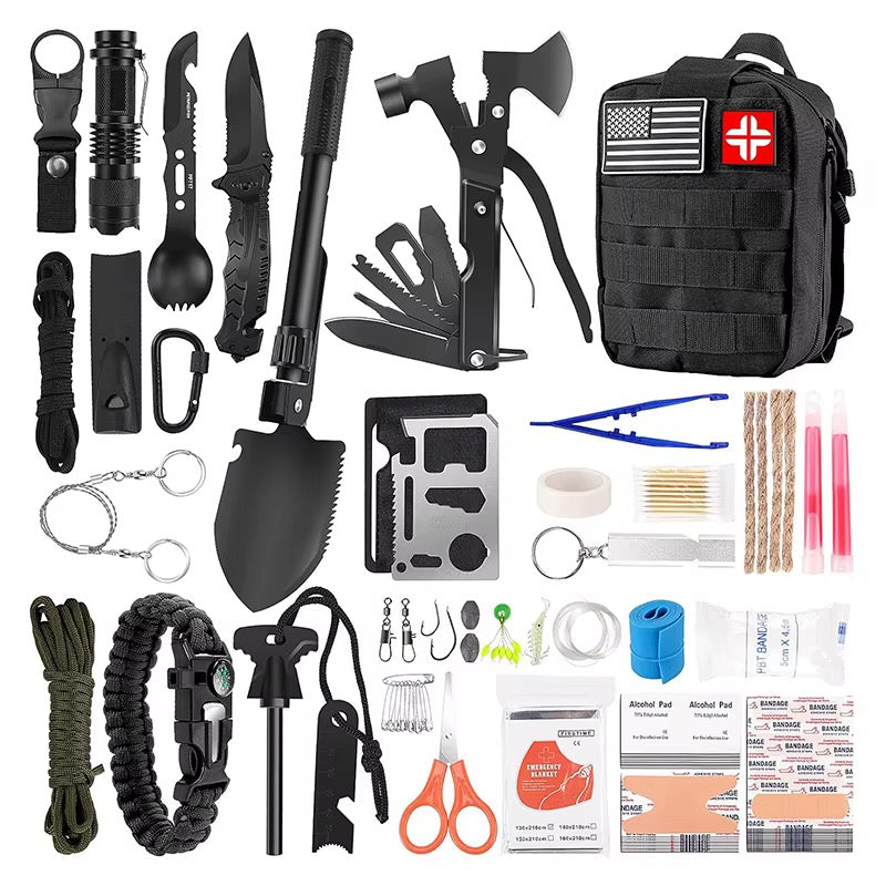 142-in-1 hiking emergency tool travel rescue kit in a compact bag for camping, hiking and outdoor emergencies.