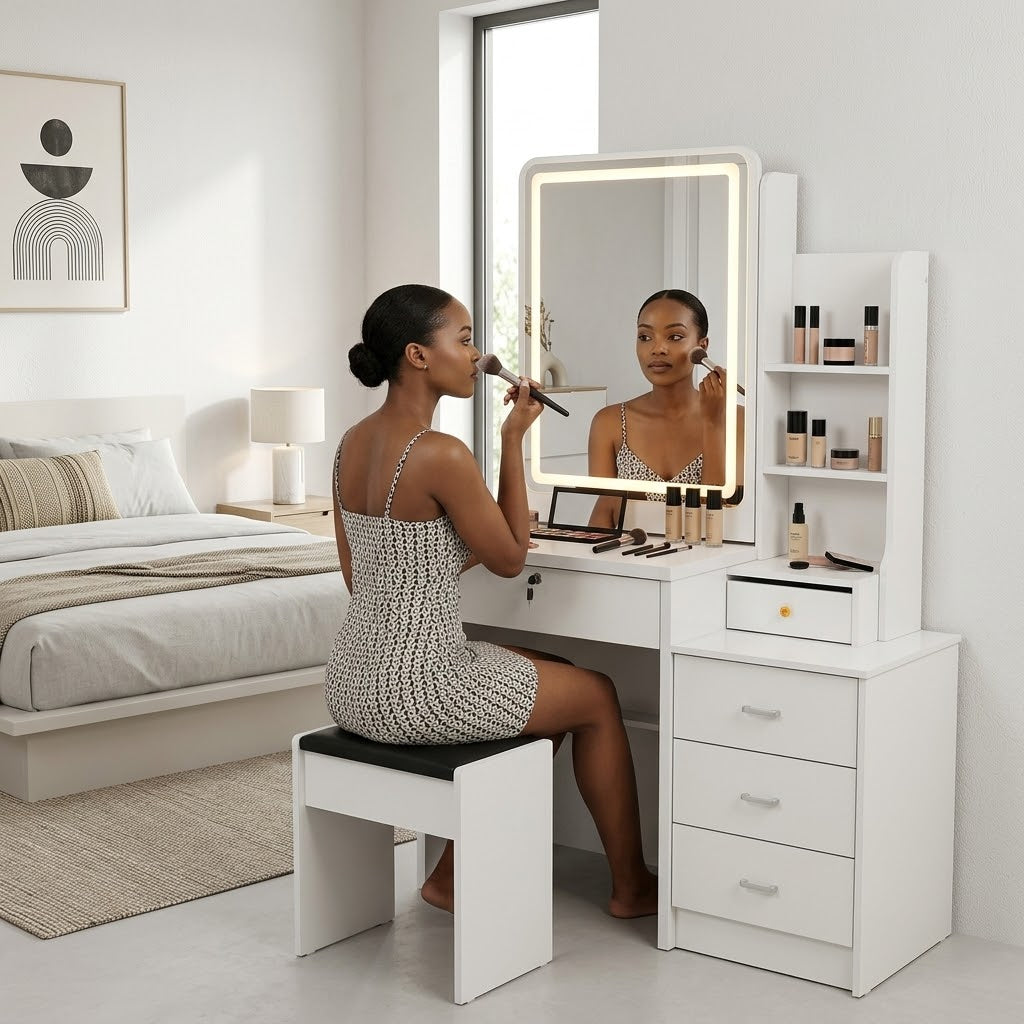 White and brown dressing table with sliding mirror and built-in lights, 1020 × 560 × 1520mm.