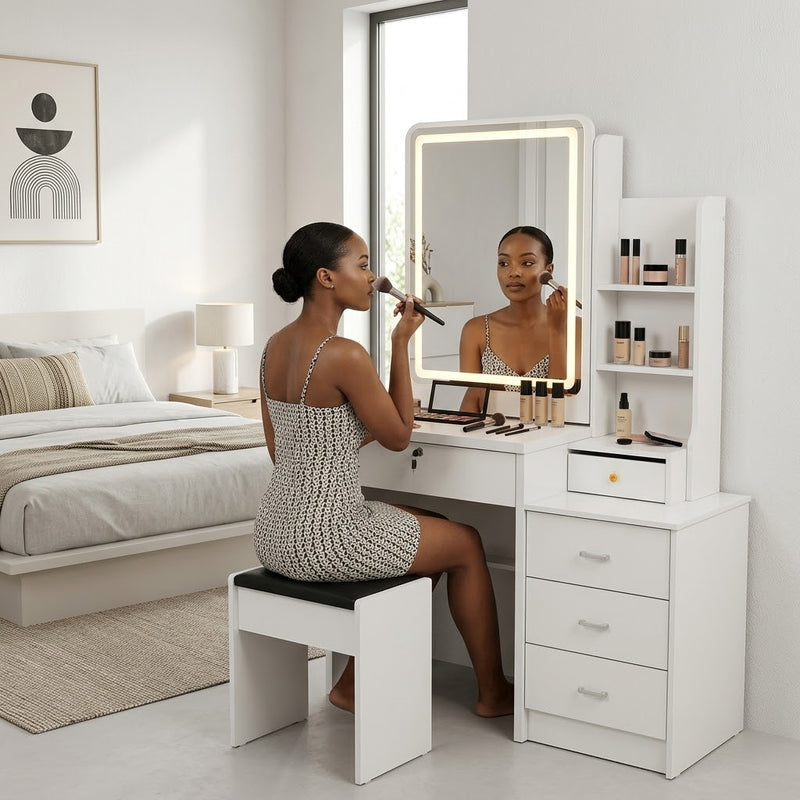 White and brown dressing table with sliding mirror and built-in lights, 1020 × 560 × 1520mm.