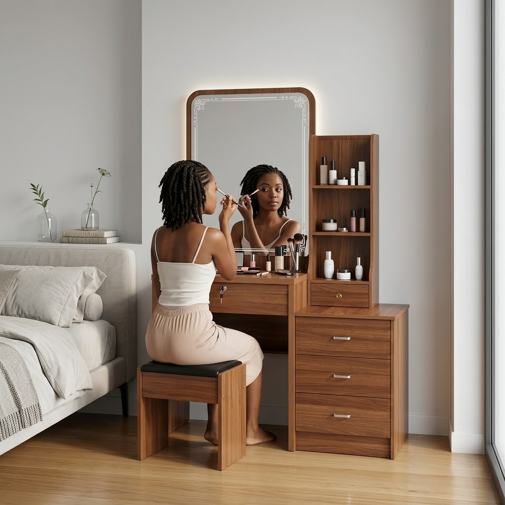 White and brown dressing table with sliding mirror and built-in lights, 1020 × 560 × 1520mm.