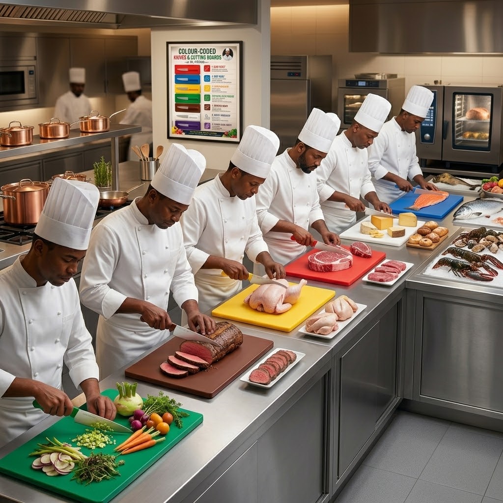 Colour-coded commercial kitchen knives in different sizes for meat, poultry, fish, vegetables, dairy and allergen-free food preparation.