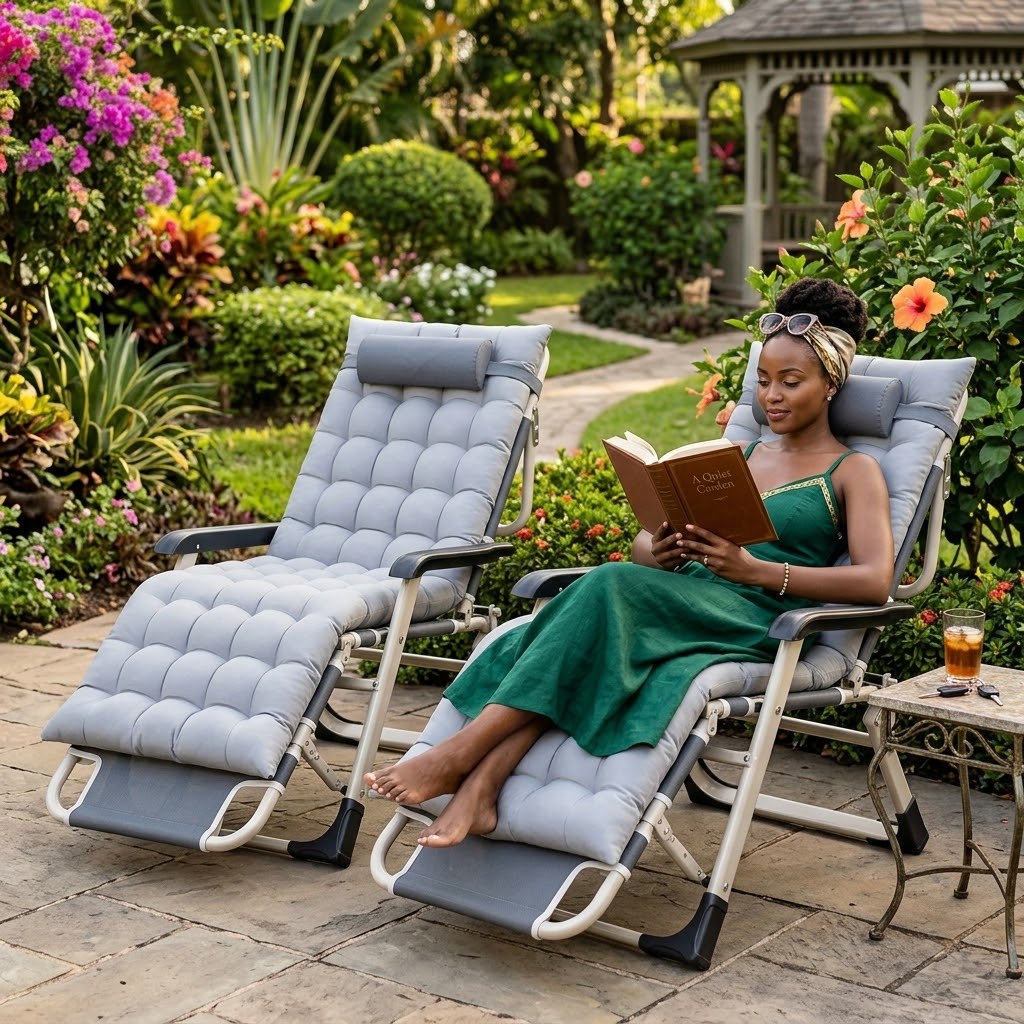 Foldable outdoor lounge chair available in grey, blue and black for patio, garden, balcony and camping use.
