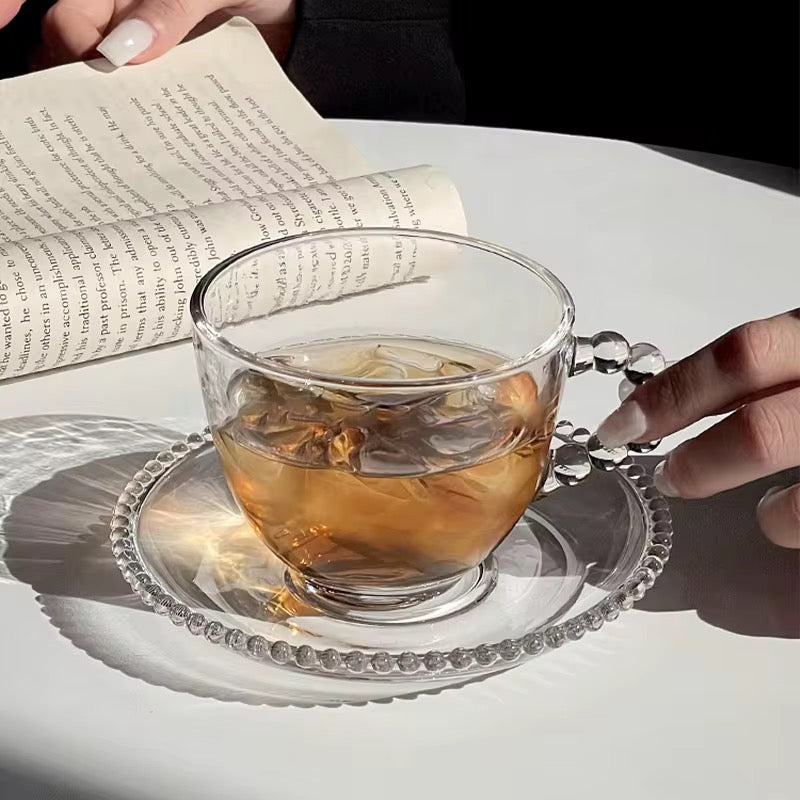 Turkish Coffee Cup Set with Bead Pearl Handle – 6 Cups & 6 Saucers