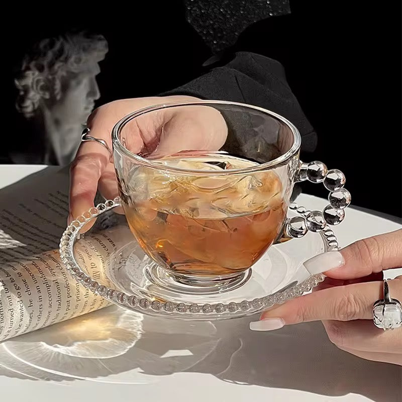 Turkish coffee cup set with bead pearl handle and decorative bead-edge saucers, 6 cups and 6 saucers elegant serveware for home, hotel and restaurant use.