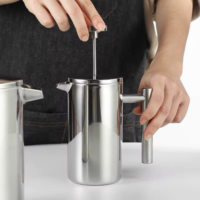 Mirror finish stainless steel coffee press plunger available in 350ml and 700ml sizes with fine mesh filter and heat-resistant handle.