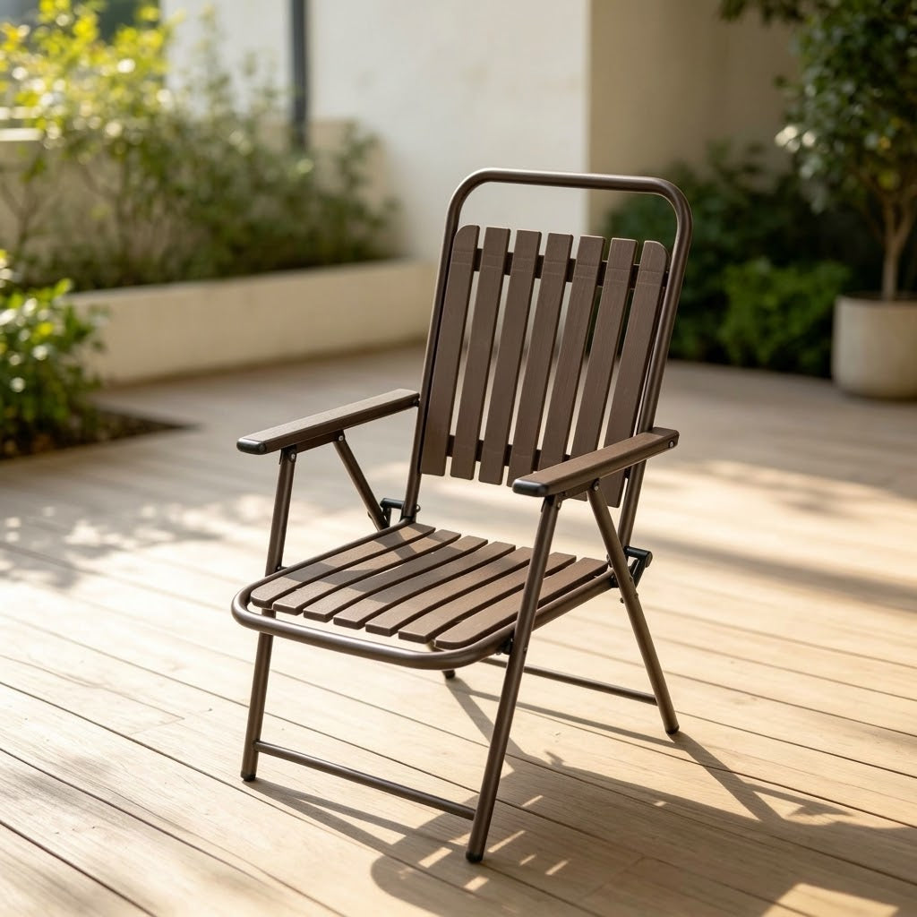 Foldable outdoor chair available in black and brown for patio, garden, camping and outdoor seating.