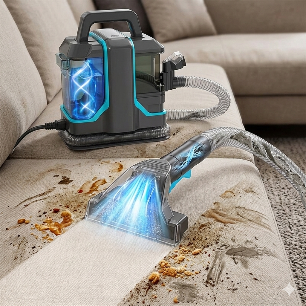 Portable wet and dry handheld sofa and carpet vacuum cleaner with dual cleaning head and separate water tanks for fabric stain removal.