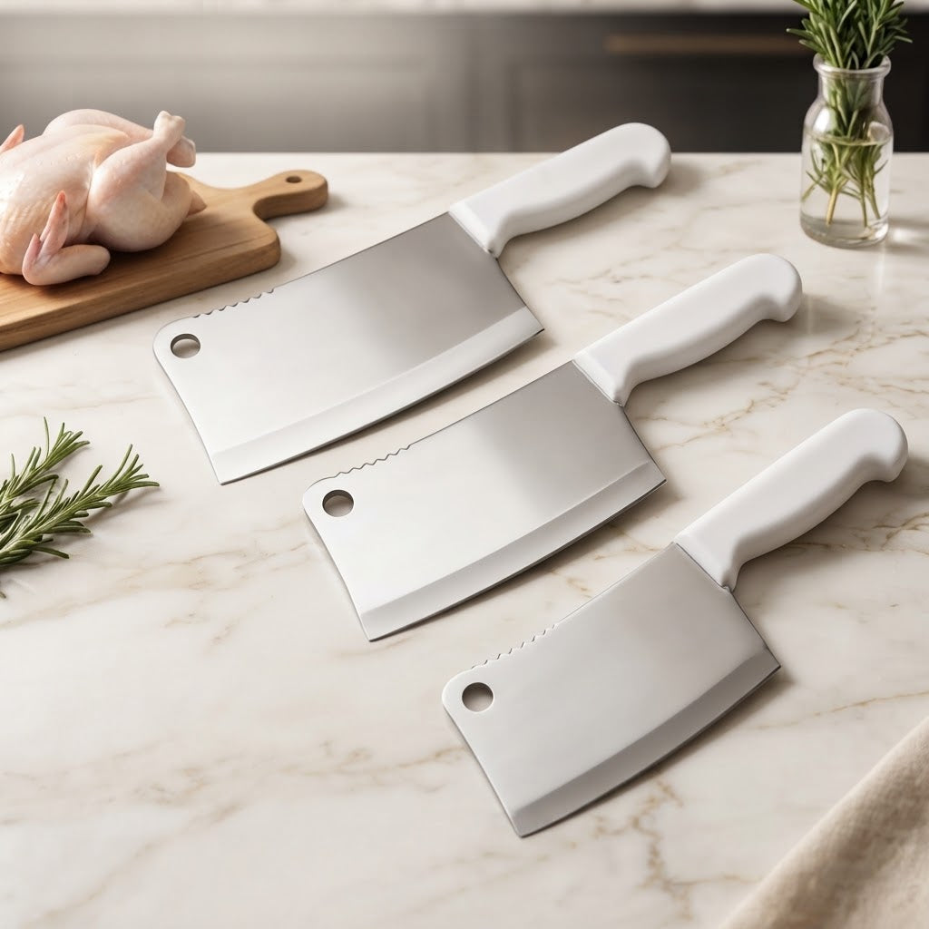 Heavy-duty 3.5mm butcher’s knife with white plastic handle available in 7, 8 and 9 inch sizes