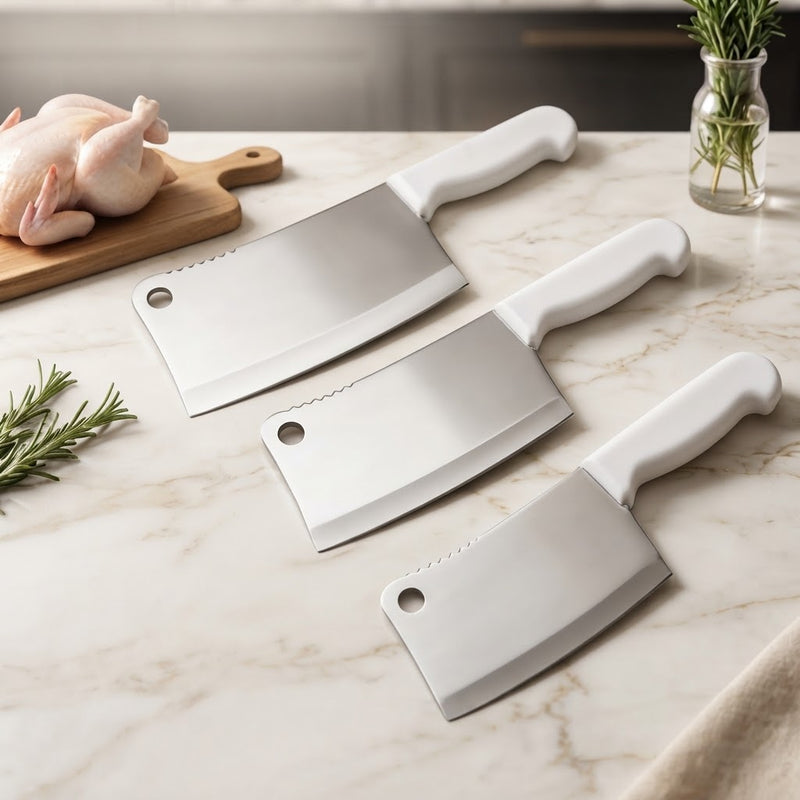 Heavy-duty 3.5mm butcher’s knife with white plastic handle available in 7, 8 and 9 inch sizes