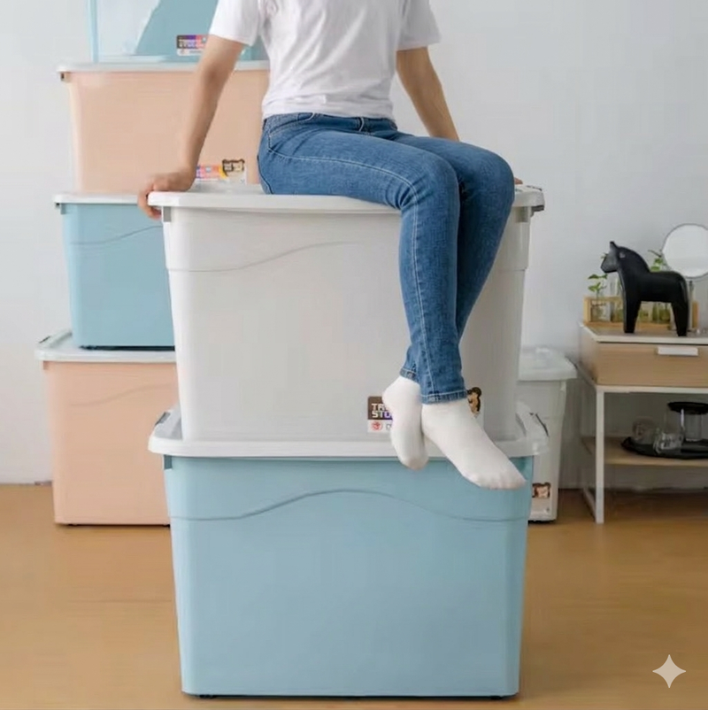 Plastic household storage buckets in multiple sizes used for organizing laundry, toys, and home items