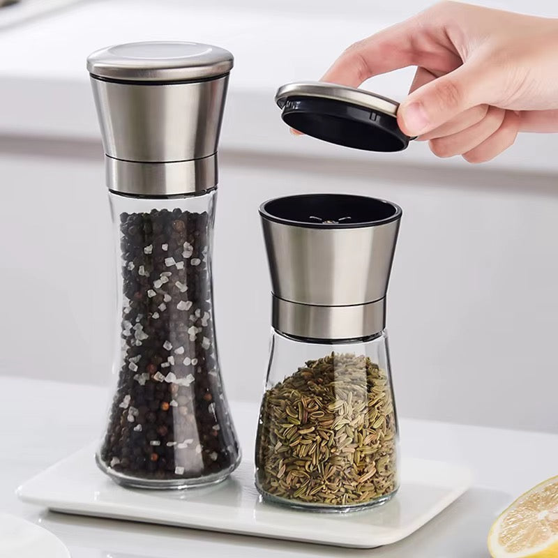 160ml glass and stainless steel and 200ml stainless steel pepper grinders, available in Nairobi, Kenya.