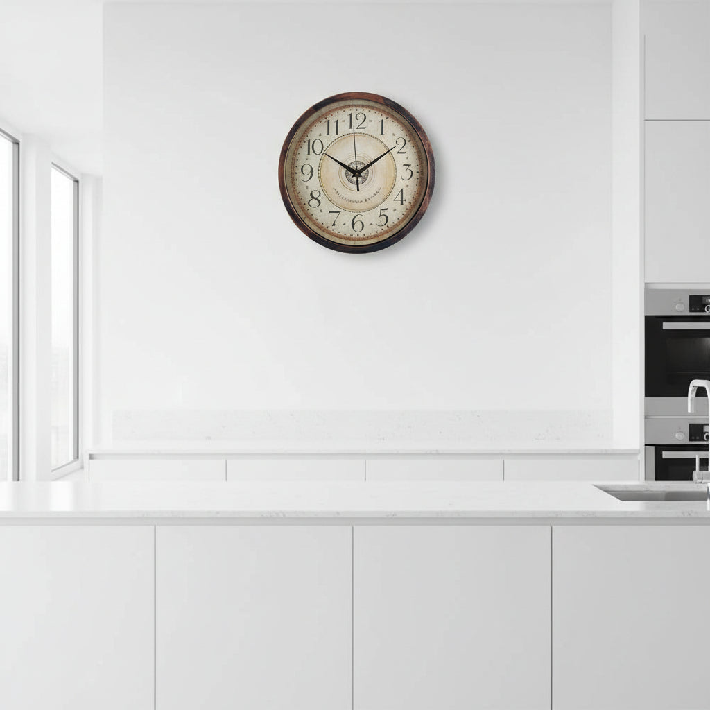 30cm wooden-look wall clock with vineyard-inspired “Sauvignon Blanc” script, antique face, and traditional numerals, Gemelli Collection