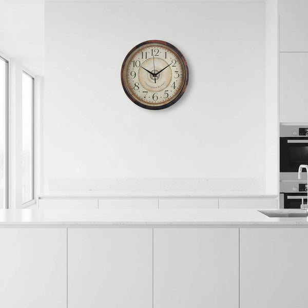 30cm wooden-look wall clock with vineyard-inspired “Sauvignon Blanc” script, antique face, and traditional numerals, Gemelli Collection