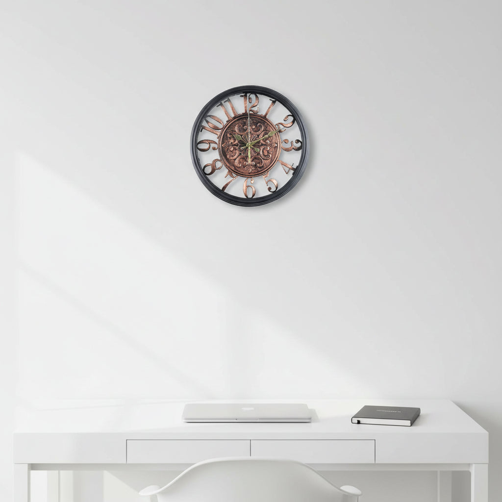 Vintage-look wall clock in 30cm and 45cm sizes, antique-style detailing with large numerals, neutral warm tones, ideal for living rooms, kitchens, or offices, Gemelli Collection