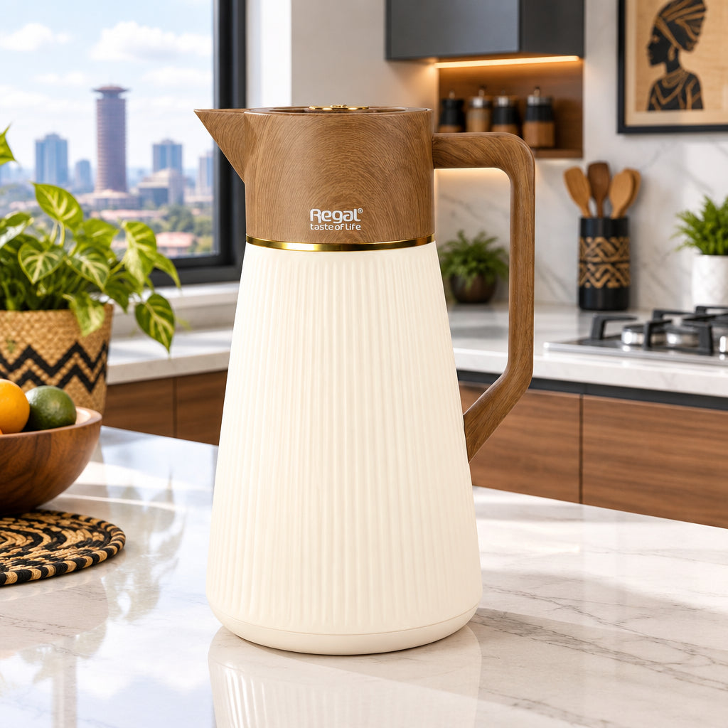 Regal Vacuum Flask 1L Cream Ribbed Body Wood Handle - available in Nairobi, Kenya