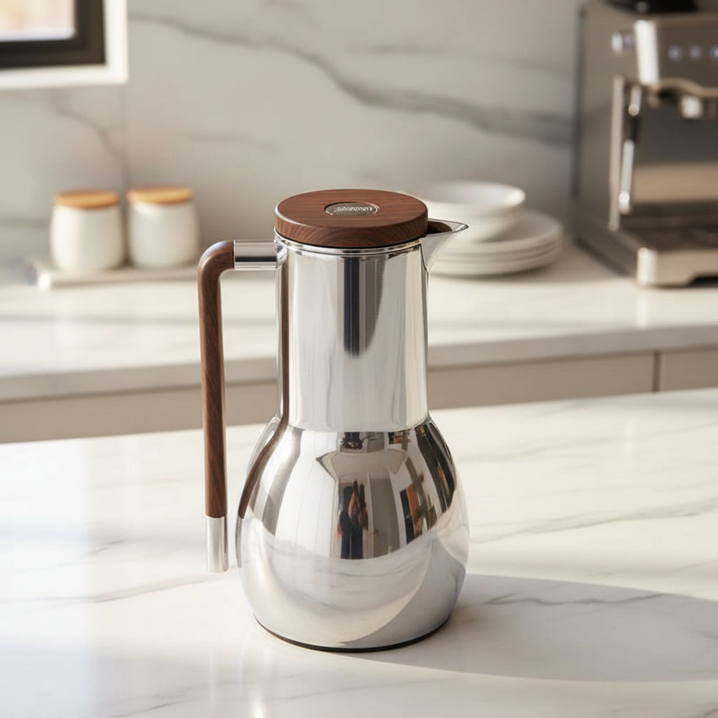1 Litre Stainless Steel Thermal Jug with Faux Wood Handle