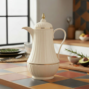 Gemelli Collections Regal Vacuum Flask RET-10 1 Litre Cream Fluted Thermal Beverage Server with Gold Accent