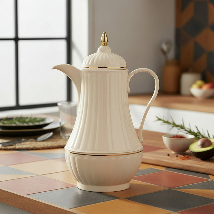 Gemelli Collections Regal Vacuum Flask RET-10 1 Litre Cream Fluted Thermal Beverage Server with Gold Accent