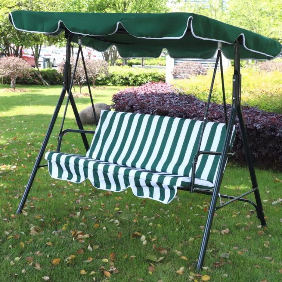 3 Seat Garden Swing Chair with Canopy Green & White Candy Stripe