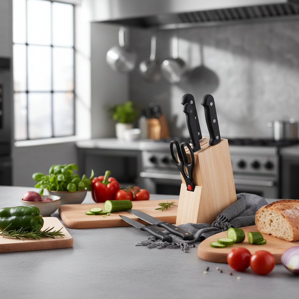 8-piece knife block set with stainless steel knives, scissors, honing steel, and wooden storage block