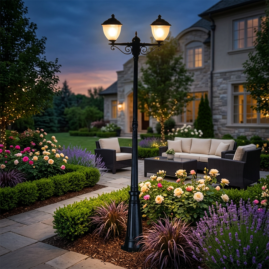 2-Headed LED Garden Pole Light, Black Die-Cast Aluminium, E27 Base, 2300 × 610mm – LL 522P-21-BK