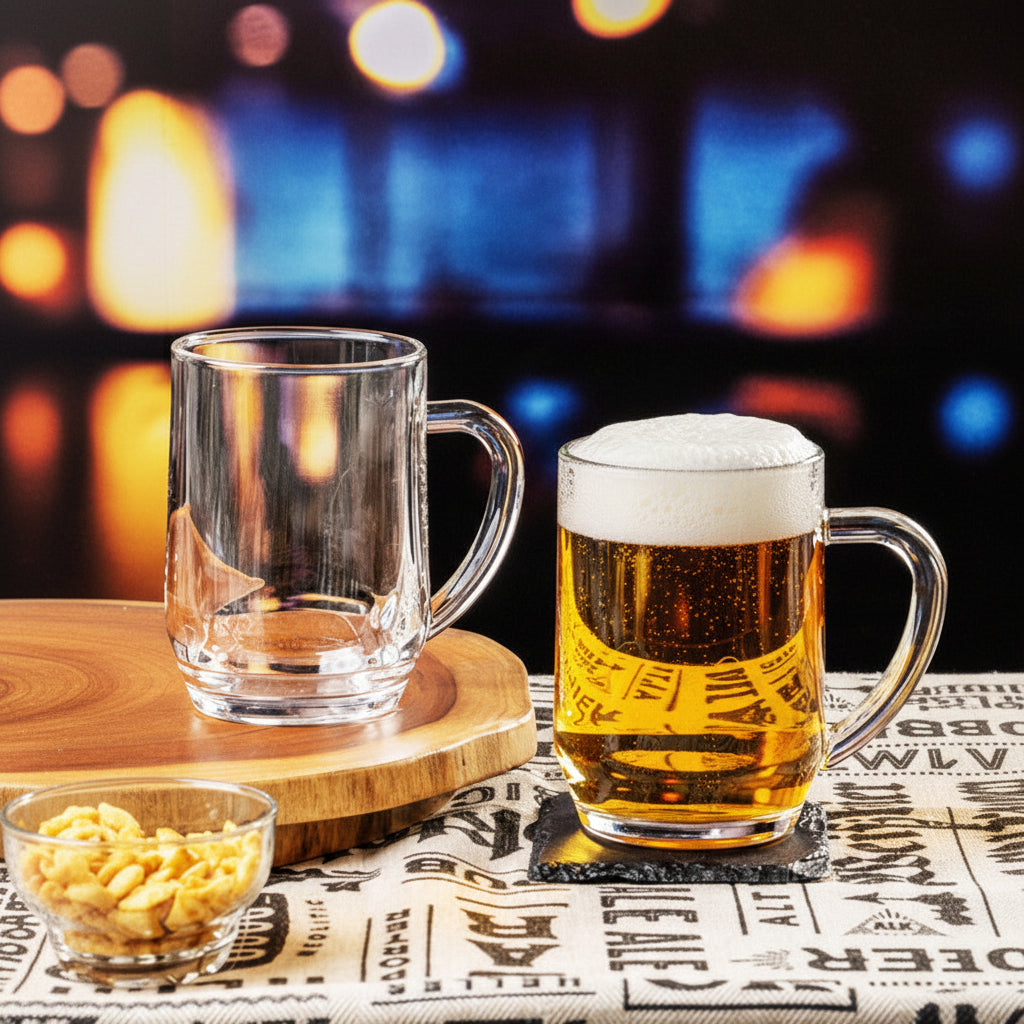 Haworth 560ml clear glass large beer mug with handle, dishwasher safe