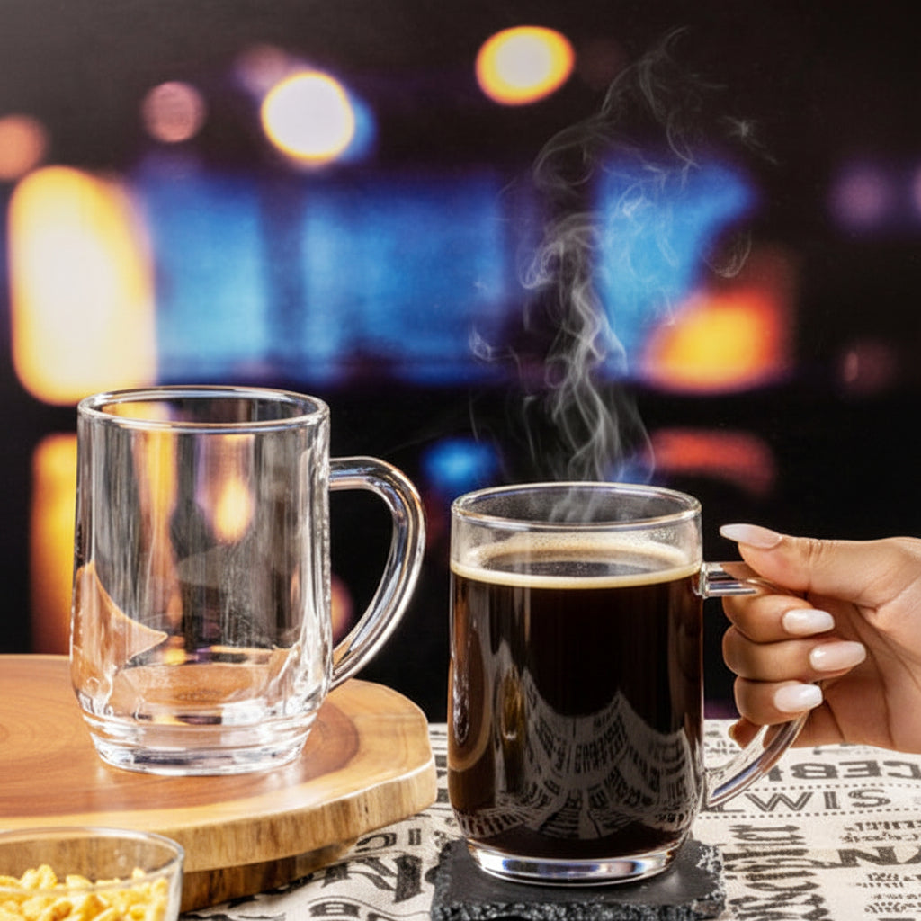 Haworth 280ml clear glass coffee mug with C-handle, 24-piece set