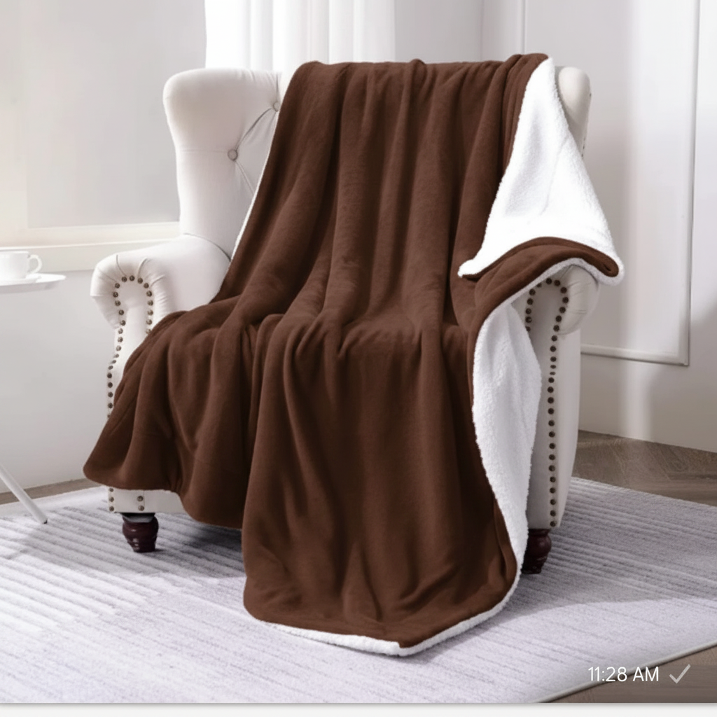 Gemelli Collections Coral Sherpa blanket in king size available in Orange, Turquoise Blue, Chocolate, White, and Beige.