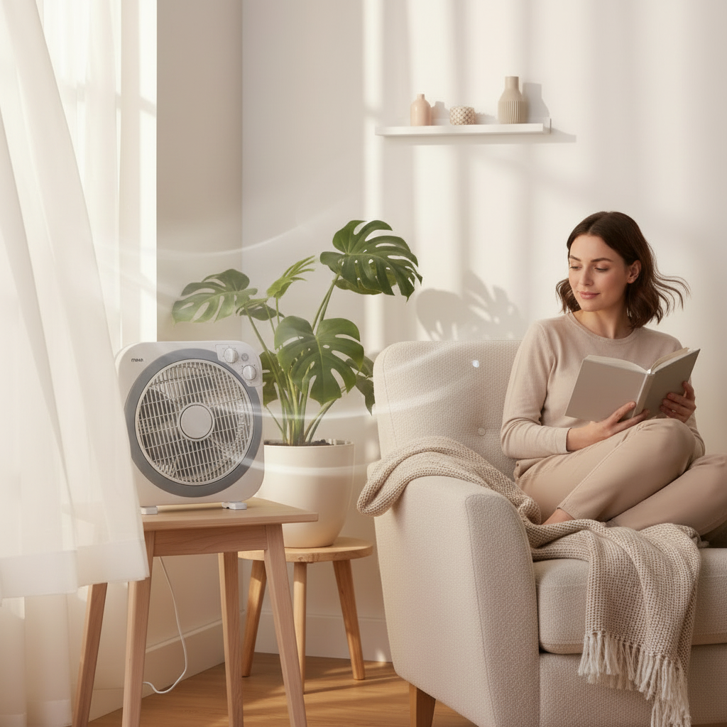 MIKA 12-inch box fan (MFB1212GR) in light and dark grey with powerful motor and oscillation feature