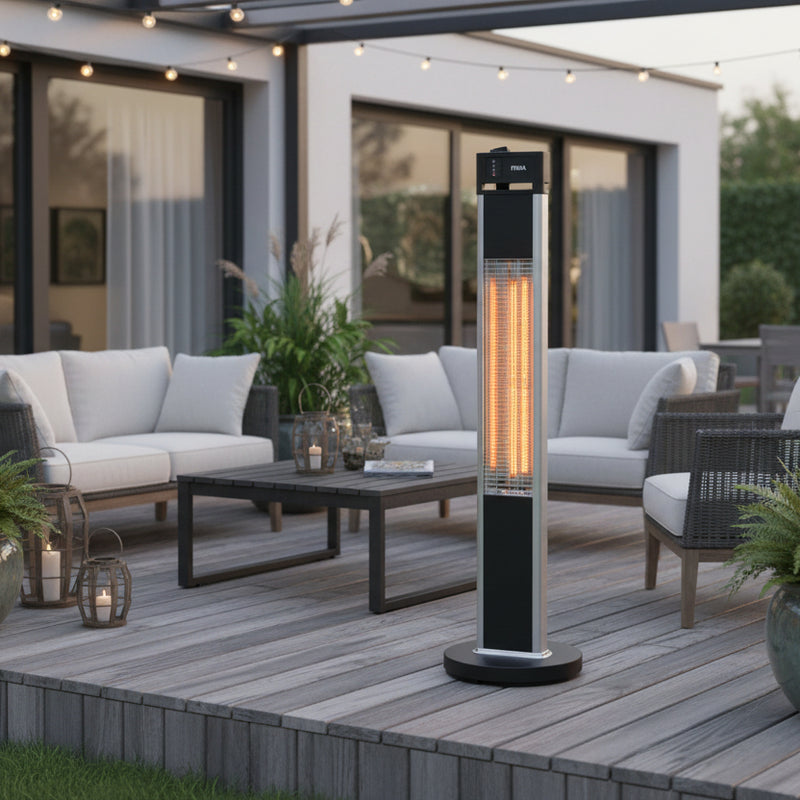 MIKA black and silver patio heater MH403BR with remote and carbon fibre heating element