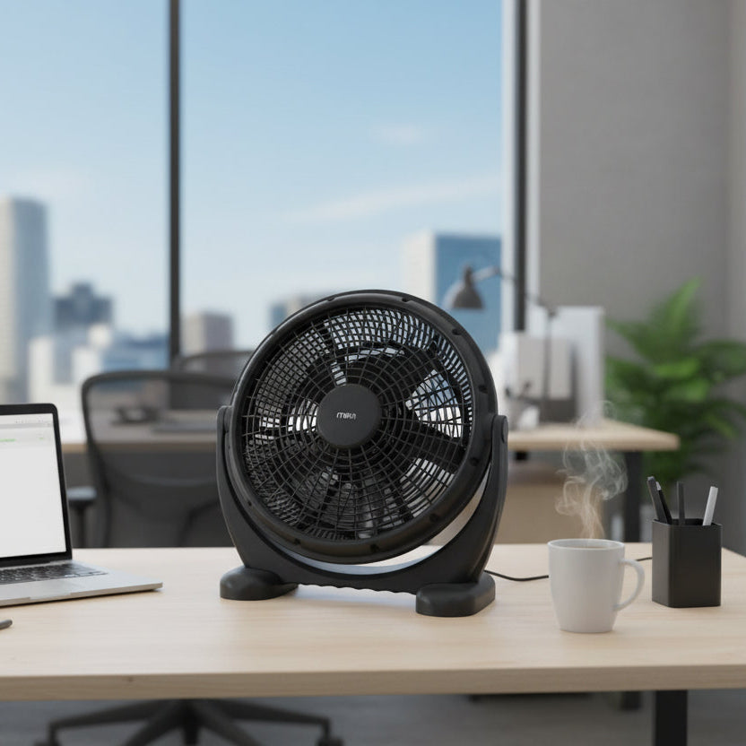 MIKA 16-inch black box turbo fan MFB1610BL with 3-speed control and adjustable tilt