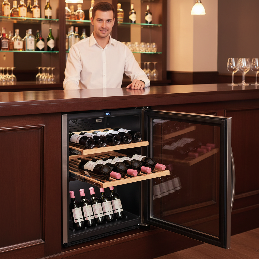 MIKA 43-bottle black wine chiller with oak shelves and touch temperature control MWC43