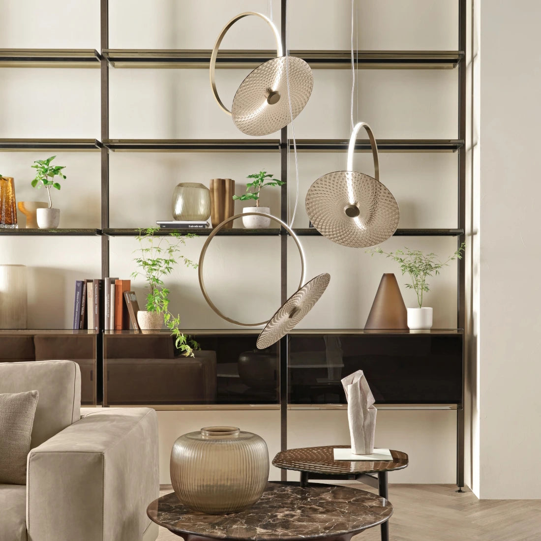 Ring & Disc Hammered Gold Pendant  LED Chandelier Light