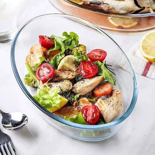 2-litre oval glass baking dish, heat-resistant, 303mm diameter x 65mm height, dishwasher-safe