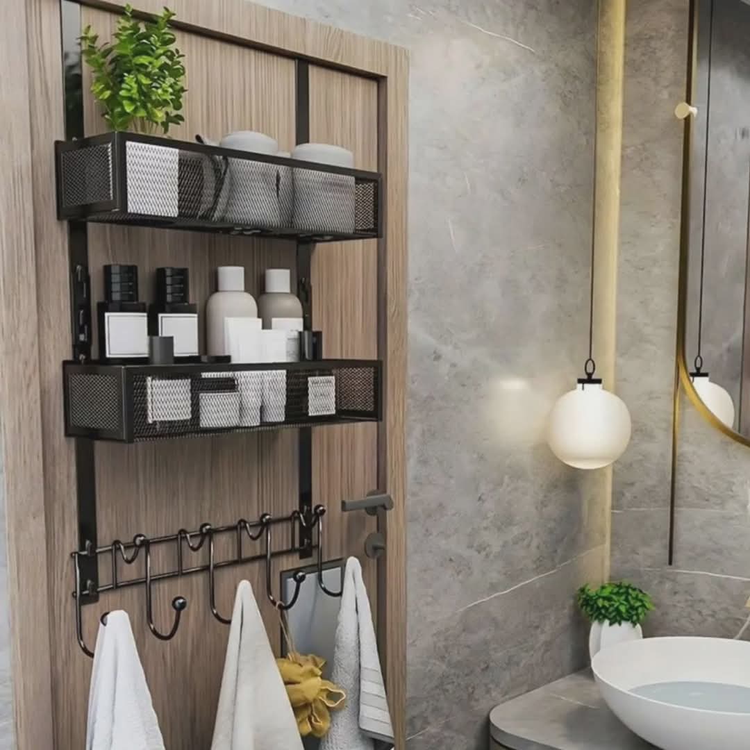 Gemelli Collections over-the-door hanging rack organizer with hooks and basket for bathroom, kitchen, or bedroom storage.