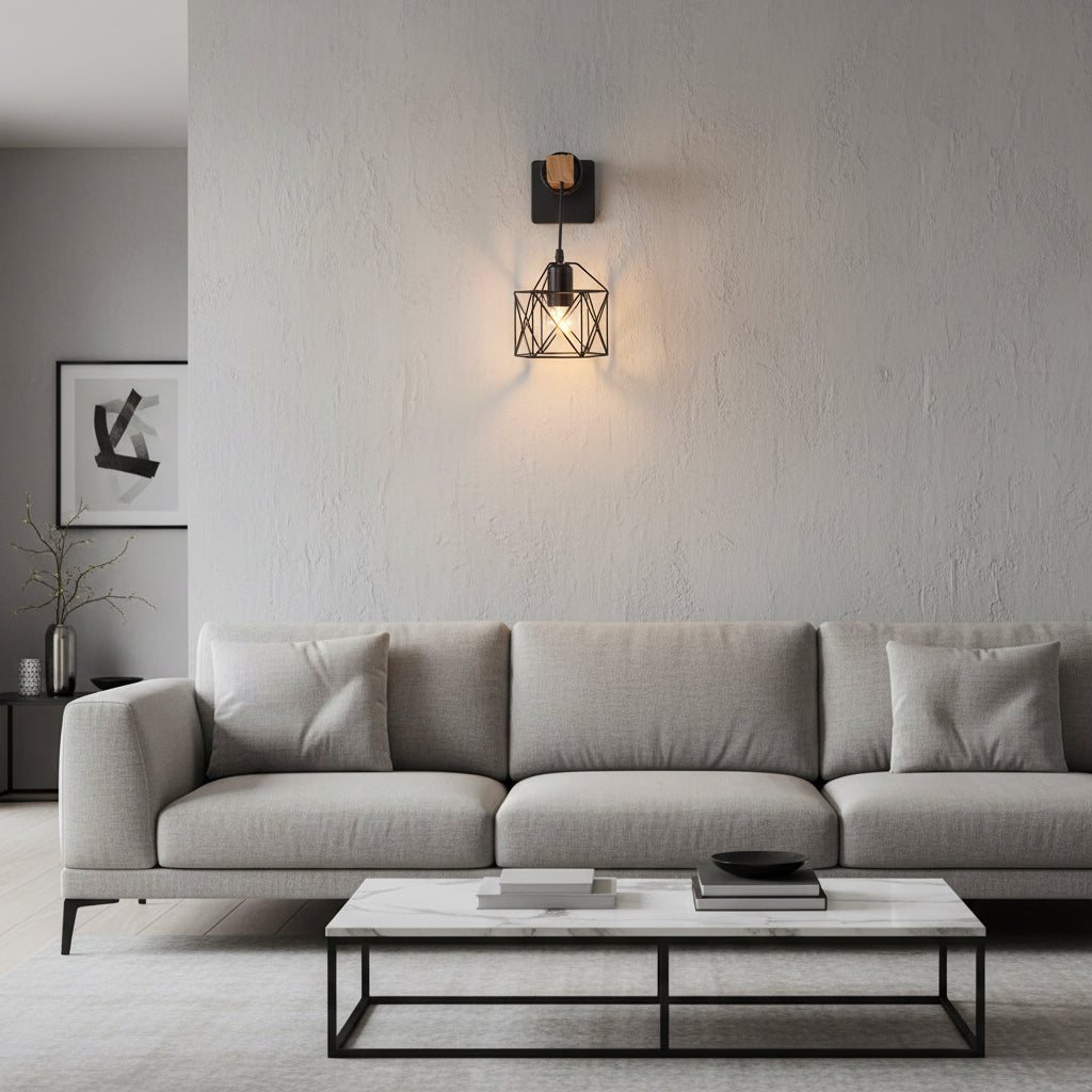 Black geometric wall light with wooden accent, metal cage design, and E27 bulb holder for dining rooms, living rooms, bedrooms, cafés, and modern interior lighting PL 1139-01-BK - Gemelli Collection